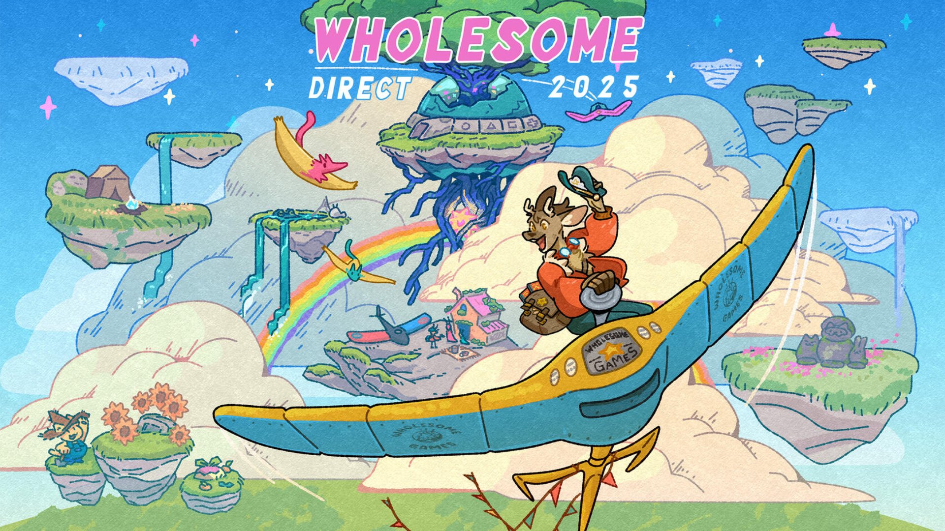 Wholesome Direct 2025 artwork showing a cartoon reindeer-like animal on a glider with a Wholesome Games logo