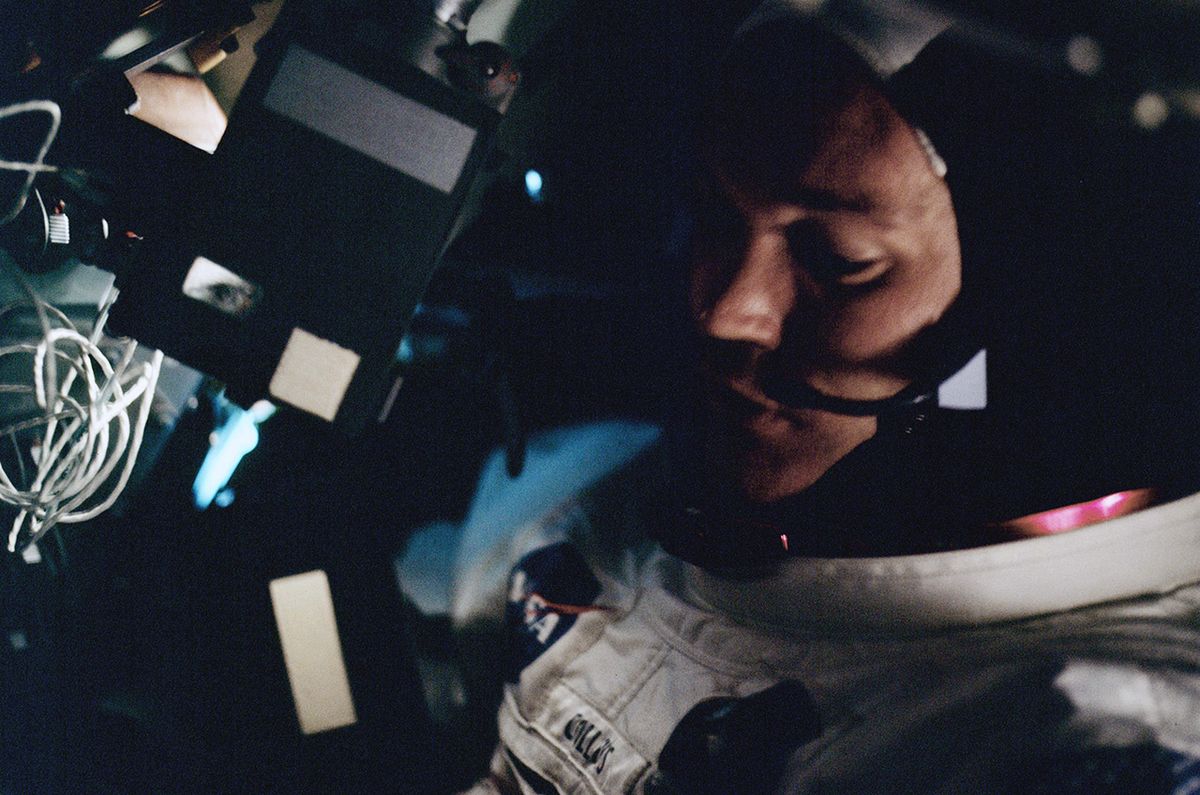 Michael Collins is seen aboard the command module Columbia on the first day of the Apollo 11 mission, July 16, 1969, while in transit to the moon for the first lunar landing.