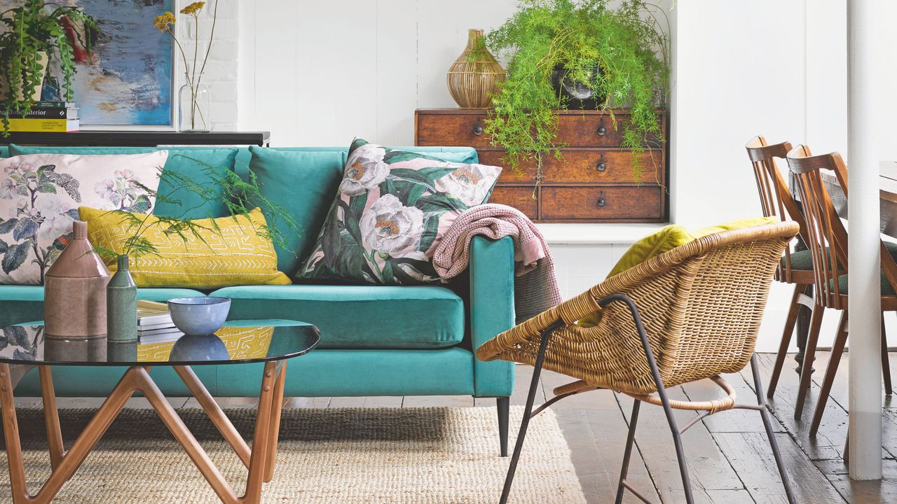 Living room with green sofa and cushions, a glass coffee table, a wicker accent chair and plants behind it