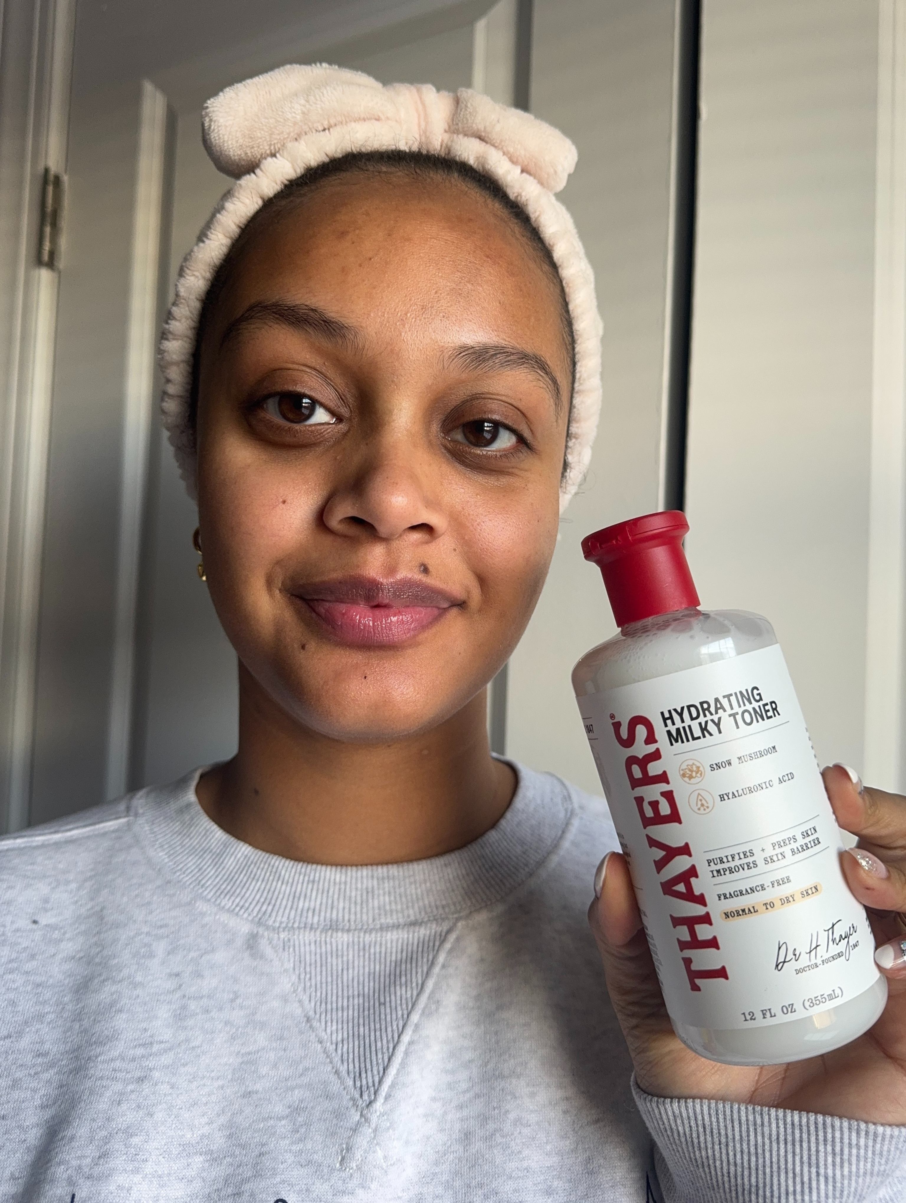 Shauna Beni-Haynes before and after testing Thayers's Milky Hydrating Toner