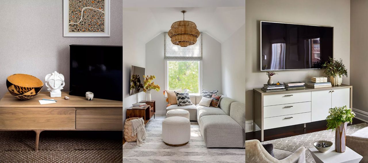 Three examples of TV stand decor ideas. Close up of ornaments on a wooden sideboard. Cream living room with dark wood TV stand, decorated with books and flowers, TV stand in living room decorated with books and ornaments 