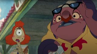 Pleakley and Jumba stare in concern while wearing disguises in Lilo and Stitch.