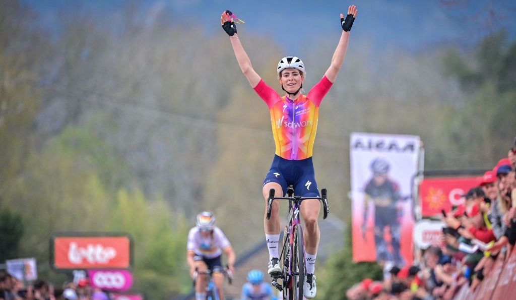 Dutch Demi Vollering of SD Worx celebrates after winning the women's race 'La Fleche Wallonne', a one day cycling race (Waalse Pijl - Walloon Arrow), 127,3 km from Huy to Huy, Wednesday 19 April 2023. BELGA PHOTO DIRK WAEM (Photo by DIRK WAEM / BELGA MAG / Belga via AFP) (Photo by DIRK WAEM/BELGA MAG/AFP via Getty Images)