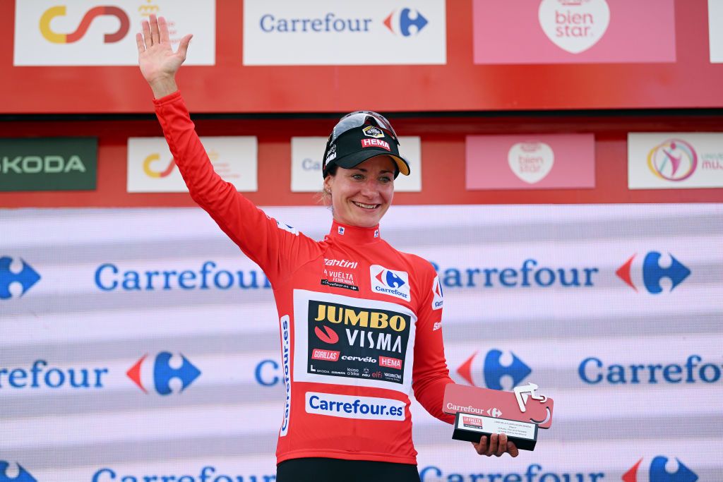 PILAR DE LA HORADADA SPAIN MAY 02 Marianne Vos of The Netherlands and Team JumboVisma celebrates at podium as Red Leader Jersey winner during the 9th La Vuelta Femenina 2023 Stage 2 a 1058km stage from Orihuela to Pilar de la Horadada UCIWWT on May 02 2023 in Pilar de la Horadada Spain Photo by Dario BelingheriGetty Images