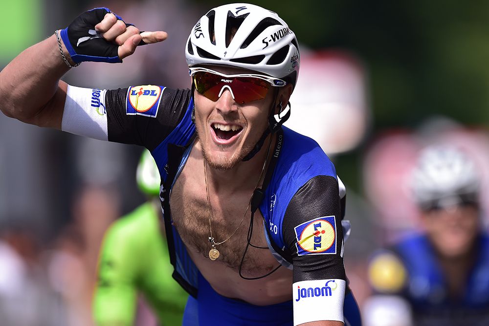 Matteo Trentin (Etixx-Quickstep) celebrates his first Giro stage win