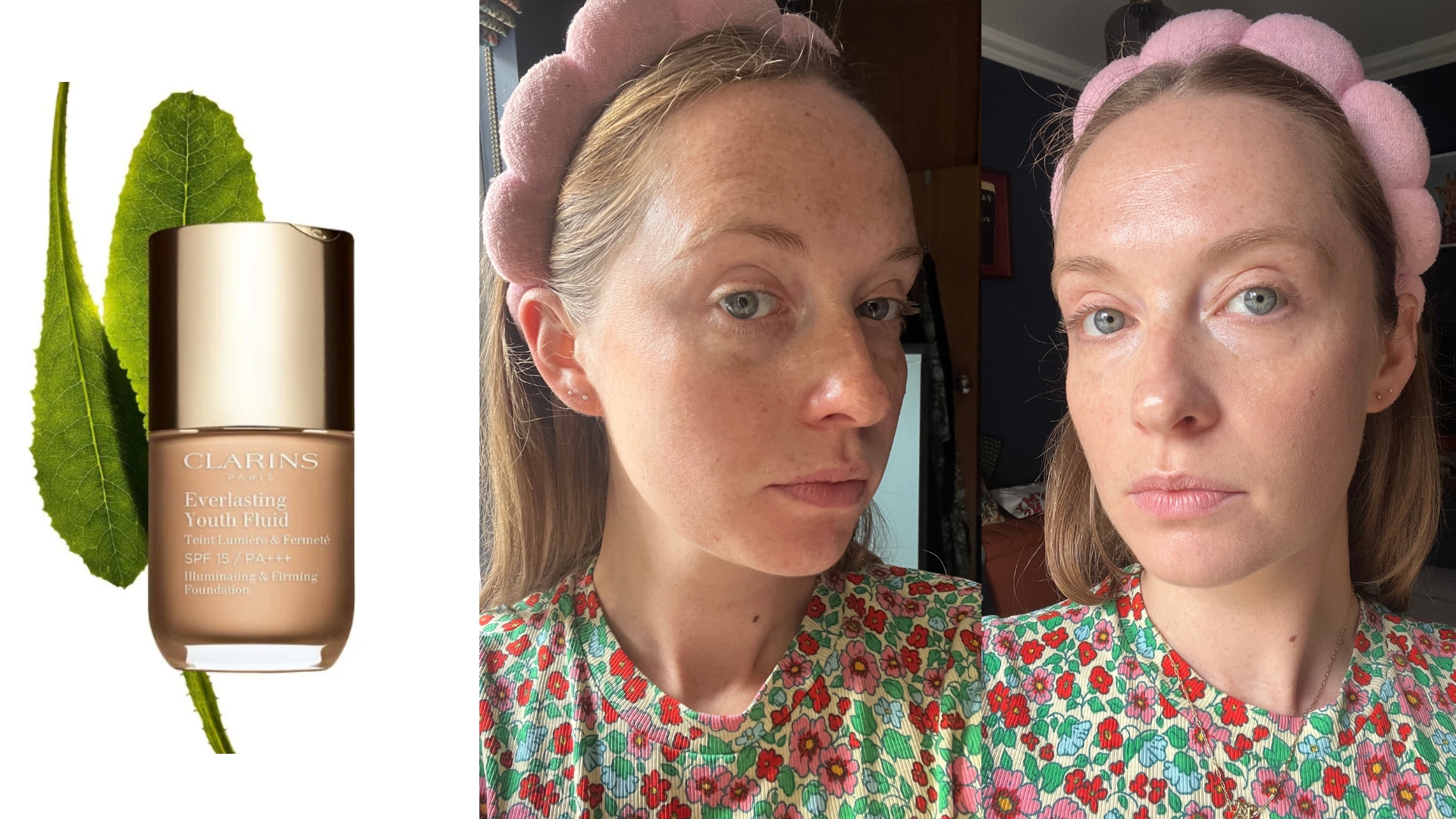 On the left is a product shot of the Clarins Everlasting Youth Fluid SPF 15, on a white background, followed by a before and after picture of Beauty Writer Annie Milroy without foundation and then wearing the Clarins foundation