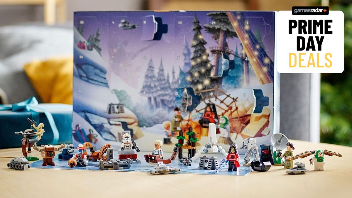 Lego Star Wars Advent Calendar and minifigures laid out on a table, with a &#039;Prime Day deals&#039; badge in the top right corner