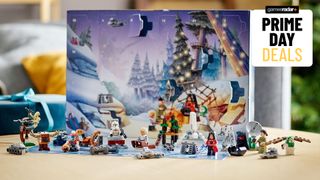 Lego Star Wars Advent Calendar and minifigures laid out on a table, with a 'Prime Day deals' badge in the top right corner