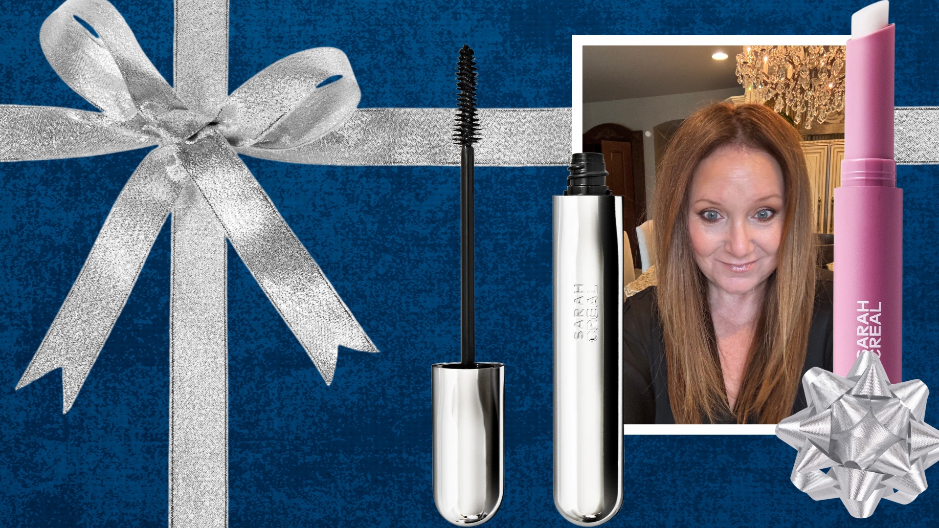 mature woman in a gift wrap with sarah creal makeup products