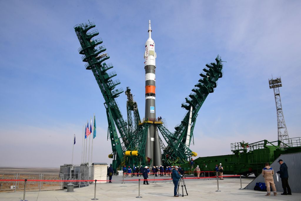 A Russian Soyuz 2.1a rocket carrying the Soyuz MS-16 spacecraft stands atop the launchpad at Baikonur Cosmodrome, Kazakhstan to launch three new crewmembers to the International Space Station on April 9, 2020. A Russian official who attended the launch has recently tested positive for the novel coronavirus.