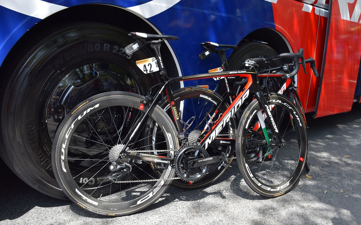Bahrain-Merida have issued each of their riders with national flag decals on the inside of the fork legs