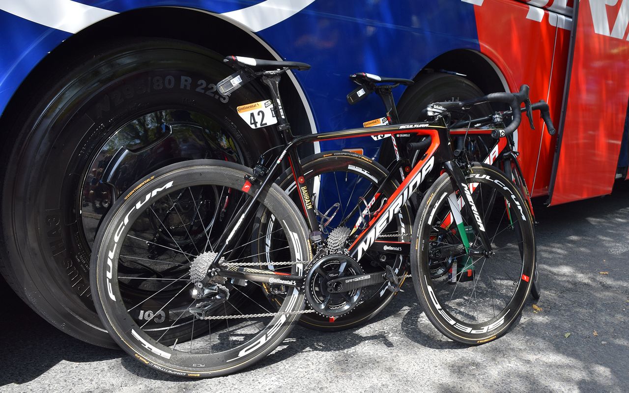 Bahrain-Merida have issued each of their riders with national flag decals on the inside of the fork legs