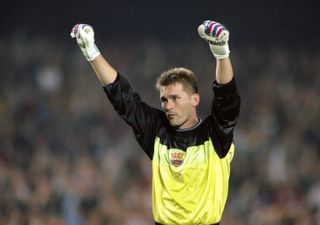 Ruud Hesp celebrates a Barcelona goal in 1999.