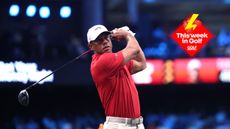 Tiger Woods hits a drive in TGL during the 2026 season with a This Week In Golf sticker in the top right