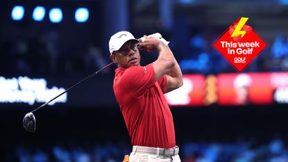Tiger Woods hits a drive in TGL during the 2026 season with a This Week In Golf sticker in the top right