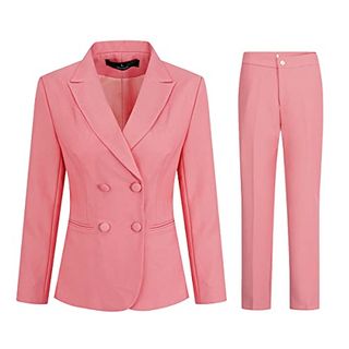 YYNUDA Women's Two Piece Double Breasted Casual Suit Office Women's Suit Pink M