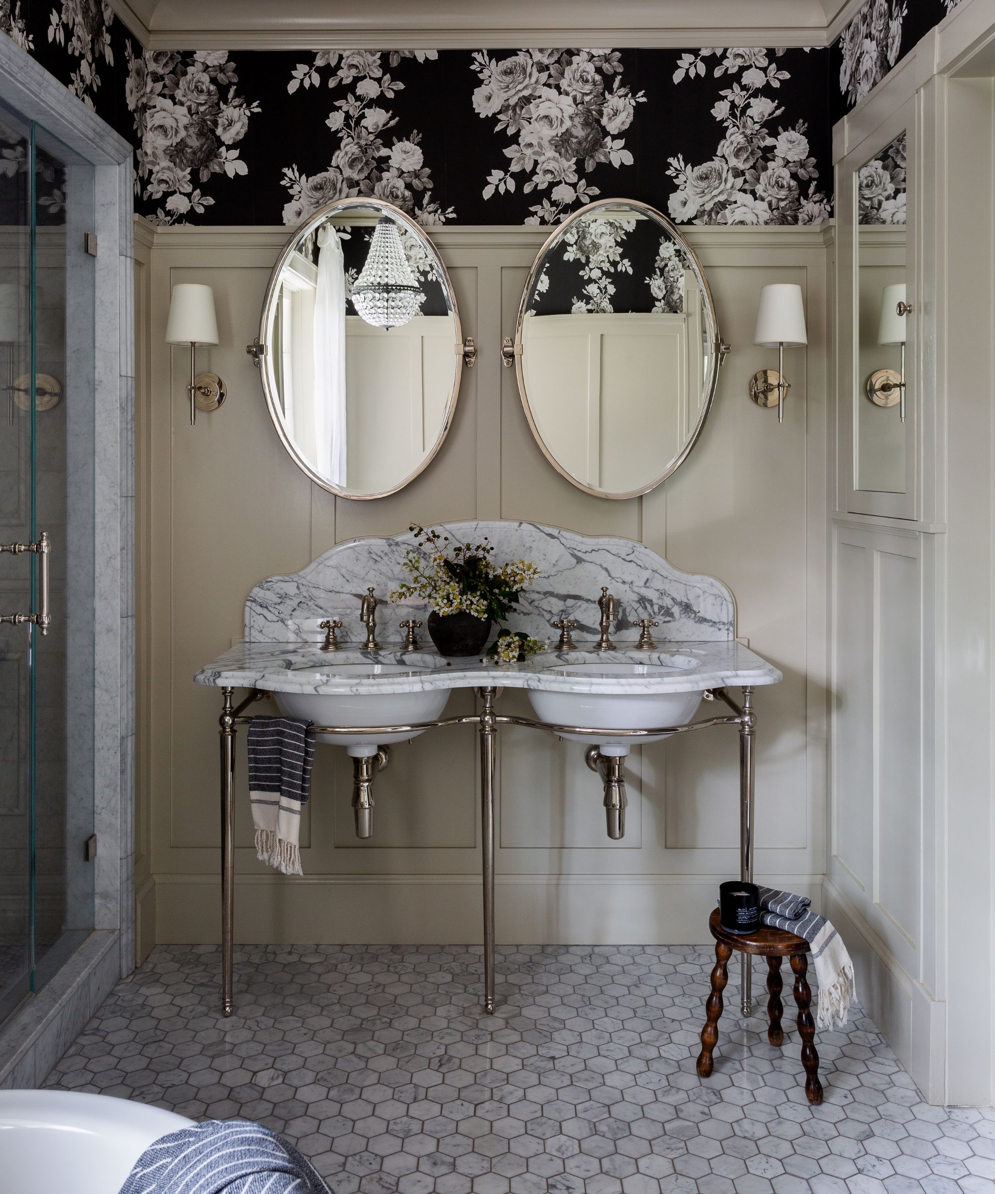traditional transitional bathroom with wallpaper and paneled walls