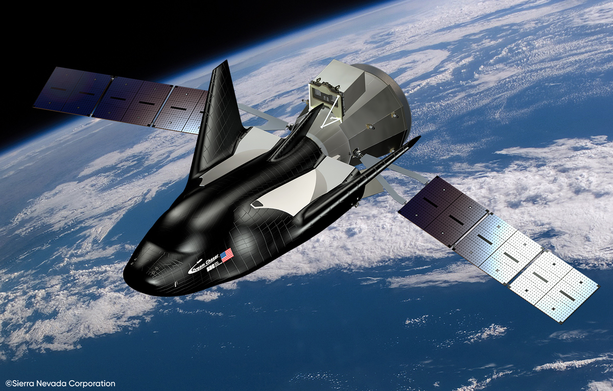 Artist&#039;s illustration of Sierra Nevada&#039;s Dream Chaser space plane in orbit.