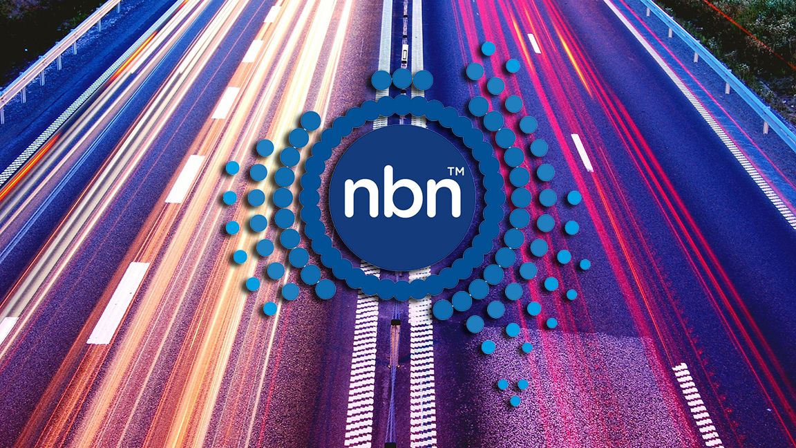 NBN logo superimposed over a two lane road with light trails from cars to imply fast speed