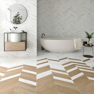 herringbone flooring with wood and stone effect tiles in bathroom