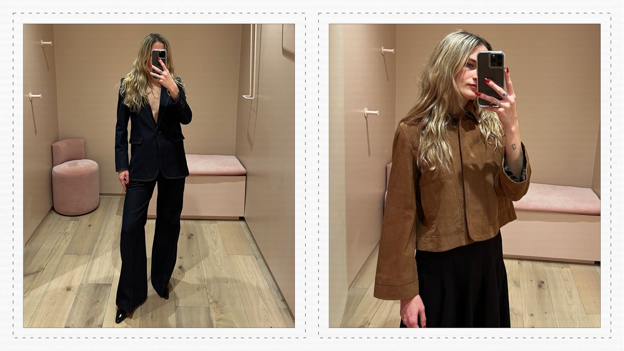 A collage of photos of Eliza Huber in the dressing room at Me+Em in New York City.