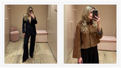 A collage of photos of Eliza Huber in the dressing room at Me+Em in New York City.