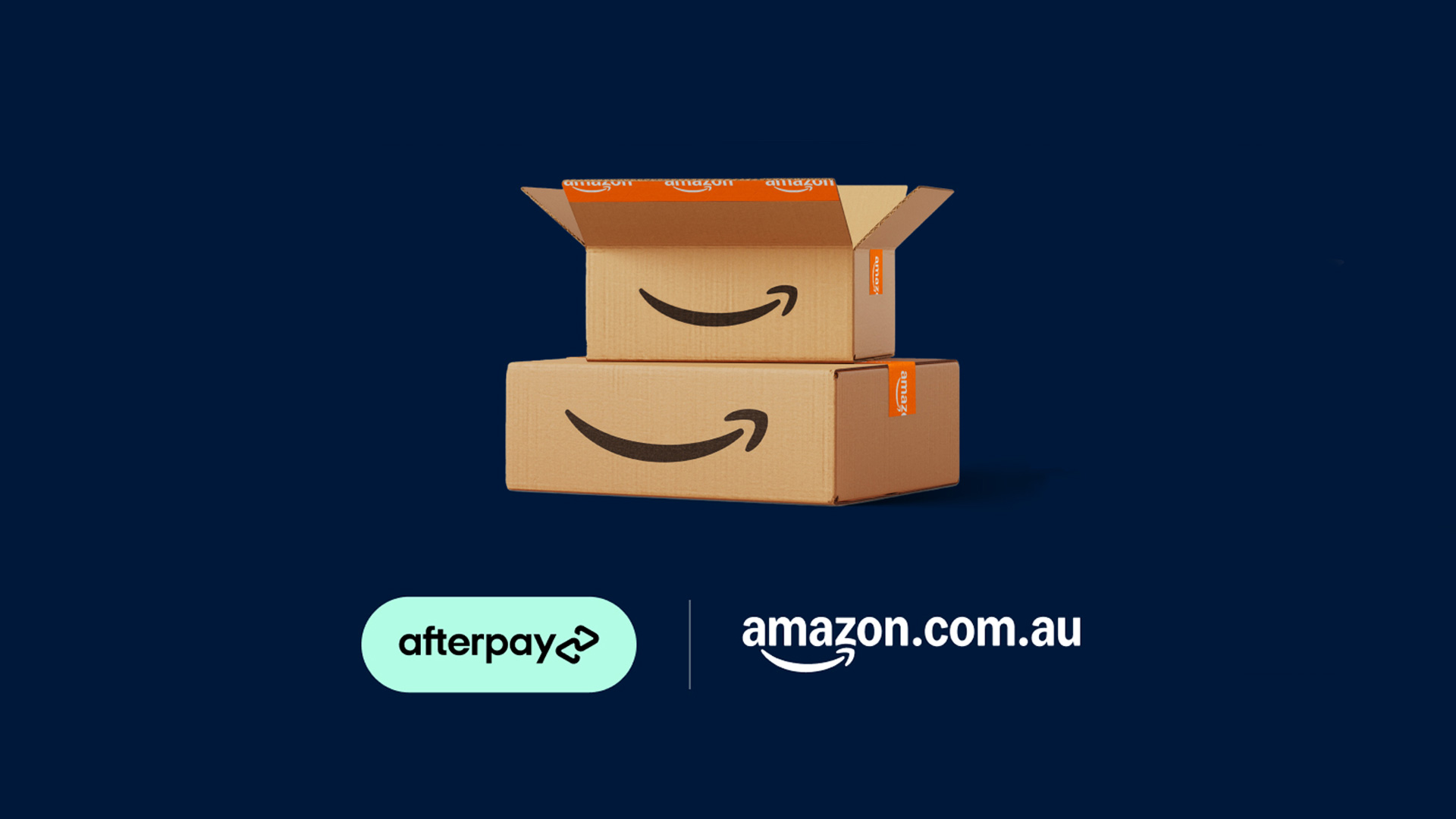 Amazon boxes on a blue background with &#039;Afterpay&#039; and &#039;Amazon&#039; logos overlaid