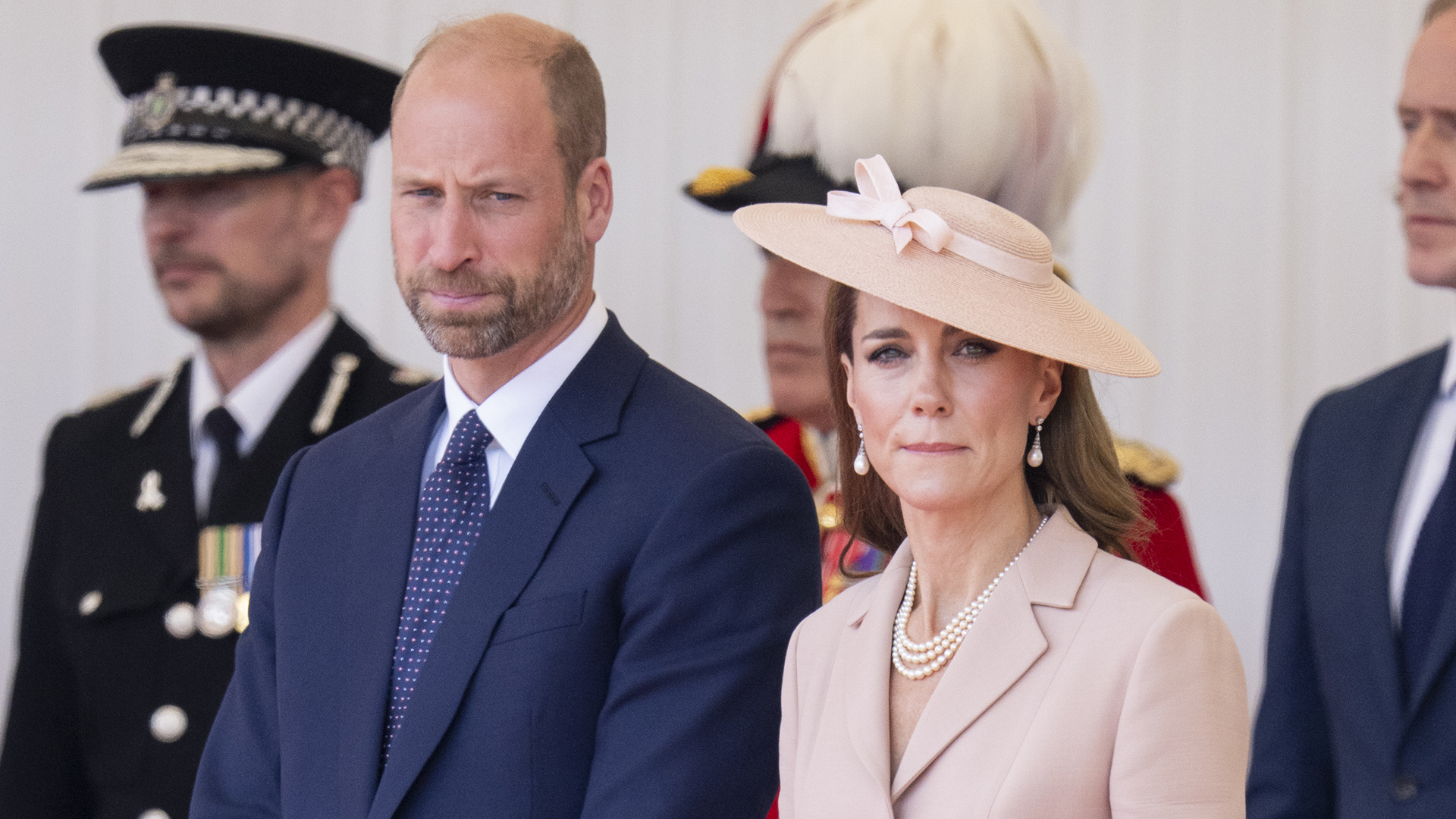 WINDSOR, ENGLAND - JULY 8: Prince William, Prince of Wales and Catherine, Princess of Wales during the formal welcome at the Royal Dais on July 8, 2025 in Windsor, England. President Emmanuel Macron and Mrs Brigitte Macron visit the UK in the first visit State Visit made by France in 17 years. They are staying at Windsor Castle, hosted by King Charles III and Queen Camilla, and a banquet will be held there in their honour. The Macrons will visit Imperial College, and the President will address Parliament during his stay. (Photo by Mark Cuthbert/UK Press via Getty Images)