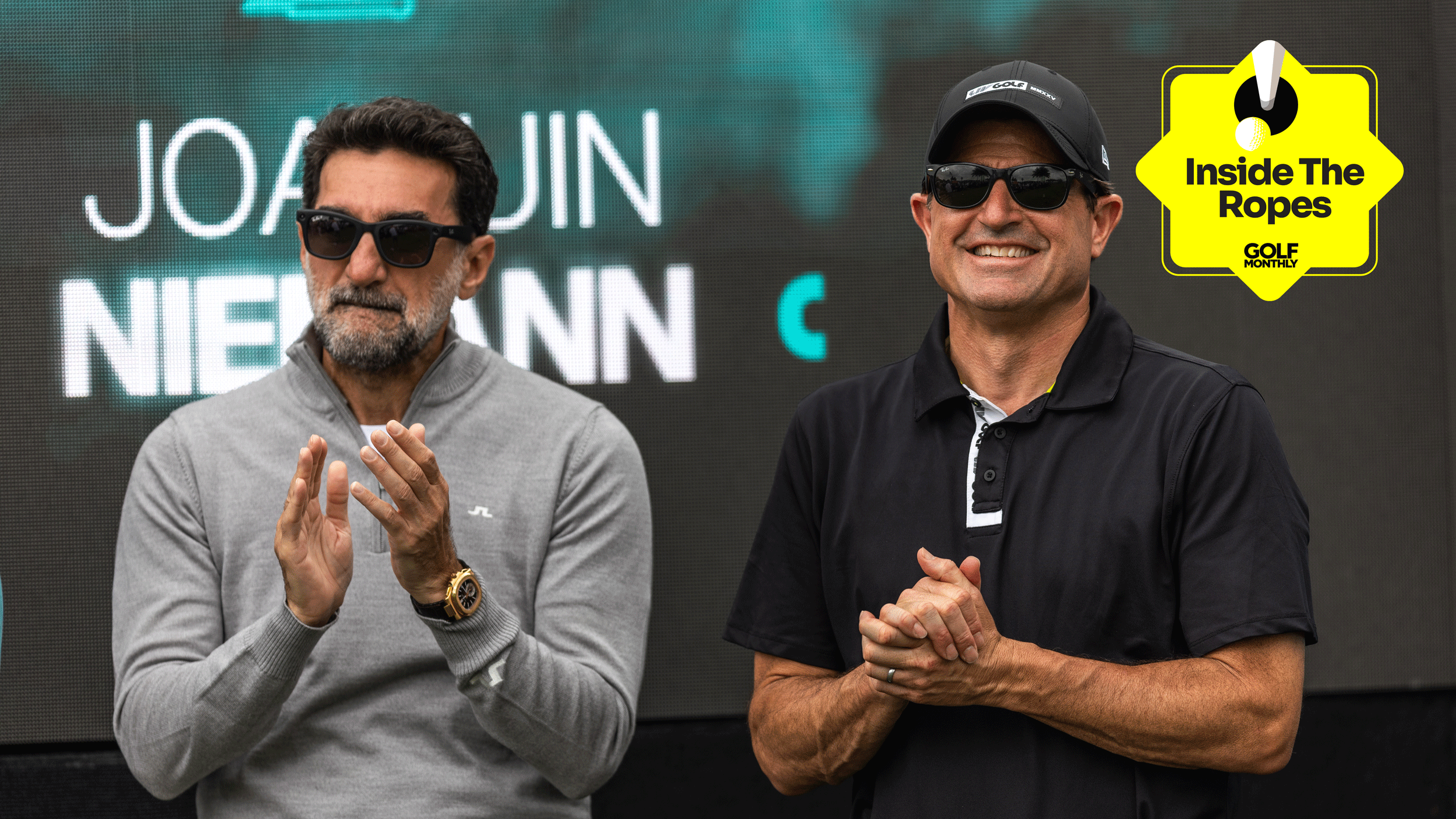 Yasir Al-Rumayyan and Scott O'Neil clap Joaquin Niemann during LIV Golf Miami 2025