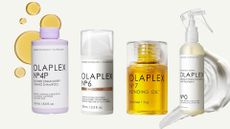 A collage of four Olaplex haircare products, including the No.4P shampoo, No.6 Bond Smoother, No.7 Bonding oil and No.0 treatment, pictured in front of two product swatches against cream background