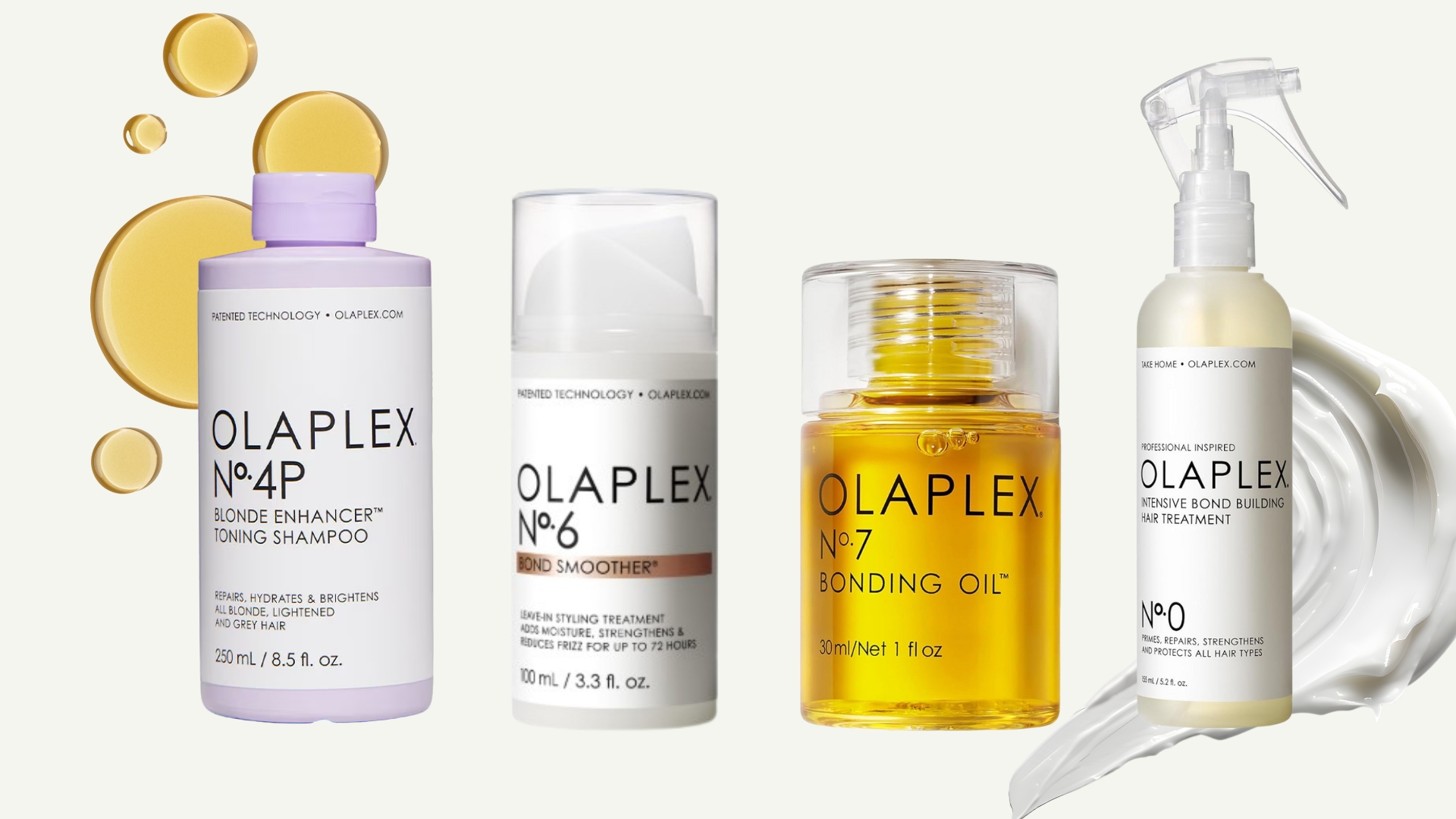 A collage of four Olaplex haircare products, including the No.4P shampoo, No.6 Bond Smoother, No.7 Bonding oil and No.0 treatment, pictured in front of two product swatches against cream background