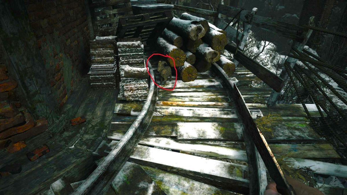 Edited in-game screenshot of a Goat of Warding in Resident Evil Village