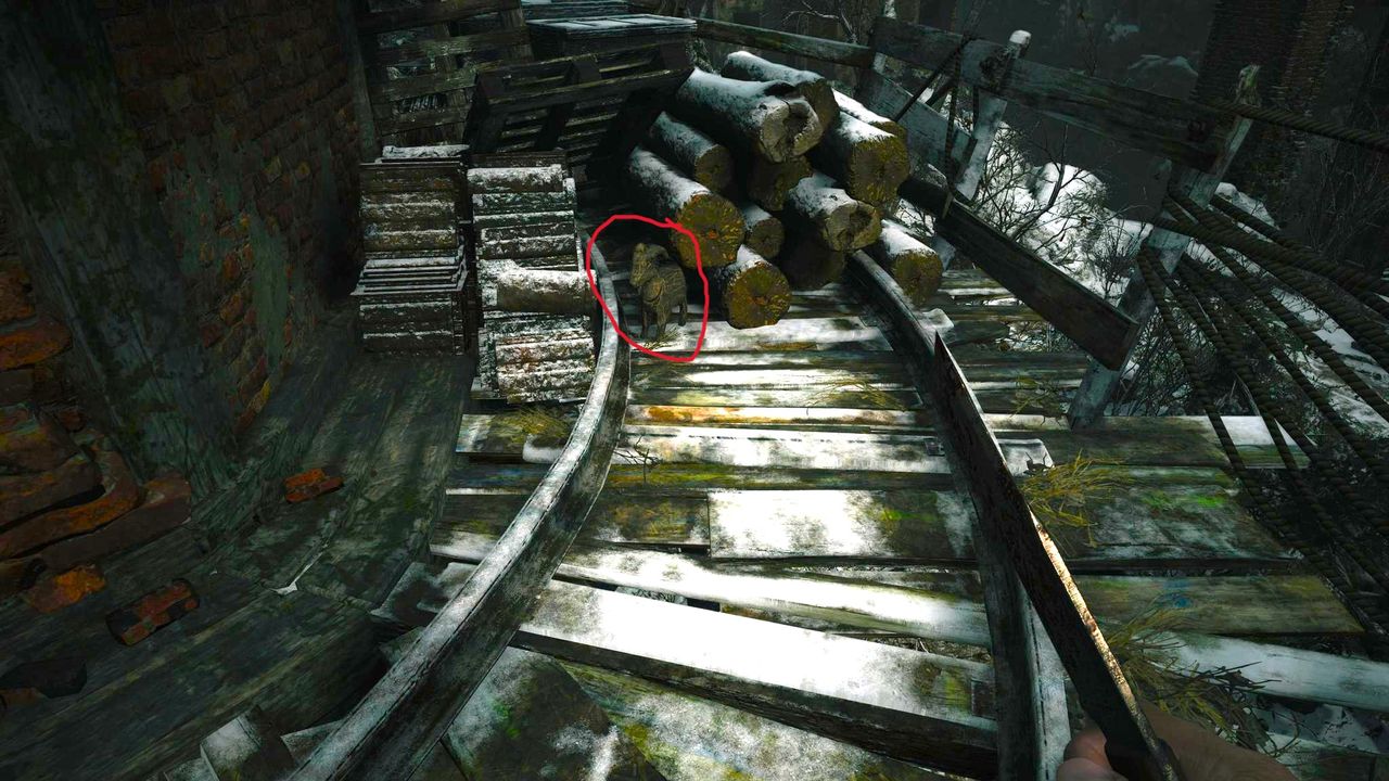 Edited in-game screenshot of a Goat of Warding in Resident Evil Village