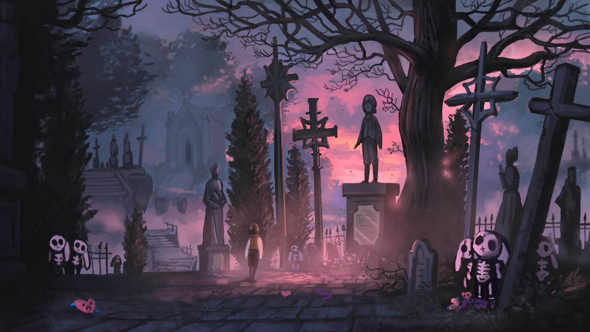 Concept art by Jean Walter shows a graveyard bathed in pink light