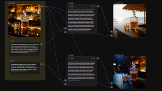 Freepik Spaces showing AI text prompts and image generation of a whiskey bottle and glass all linked