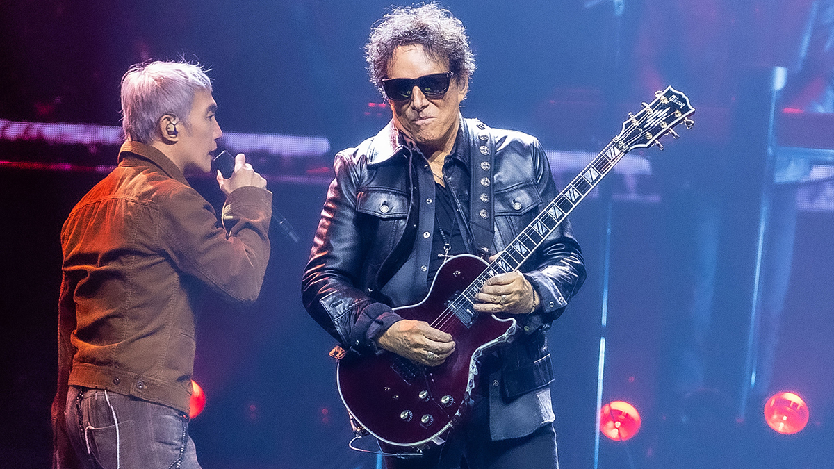 Arnel Pineda (L) and Neal Schon (R) of Journey perform in concert during the "Final Frontier Tour" at Intrust Bank Arena on April 04, 2026 in Wichita, Kansas