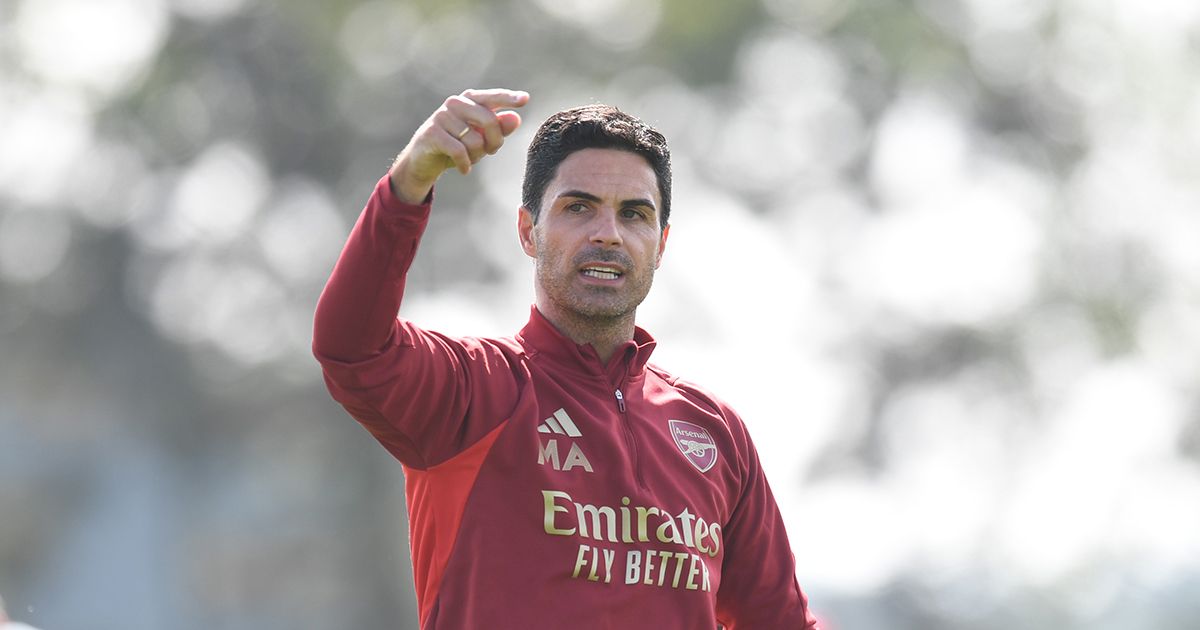 Arsenal manager Mikel Artet during a training session at London Colney on September 16, 2023 in St Albans, England.