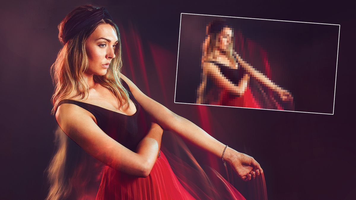 Portrait of woman wearing red dress with inset image of the same image but pixelated 