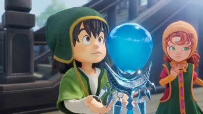 Dragon Quest 7 Reimagined launch trailer screenshot shows a boy wearing a green hat, looking at a blue, floating object.