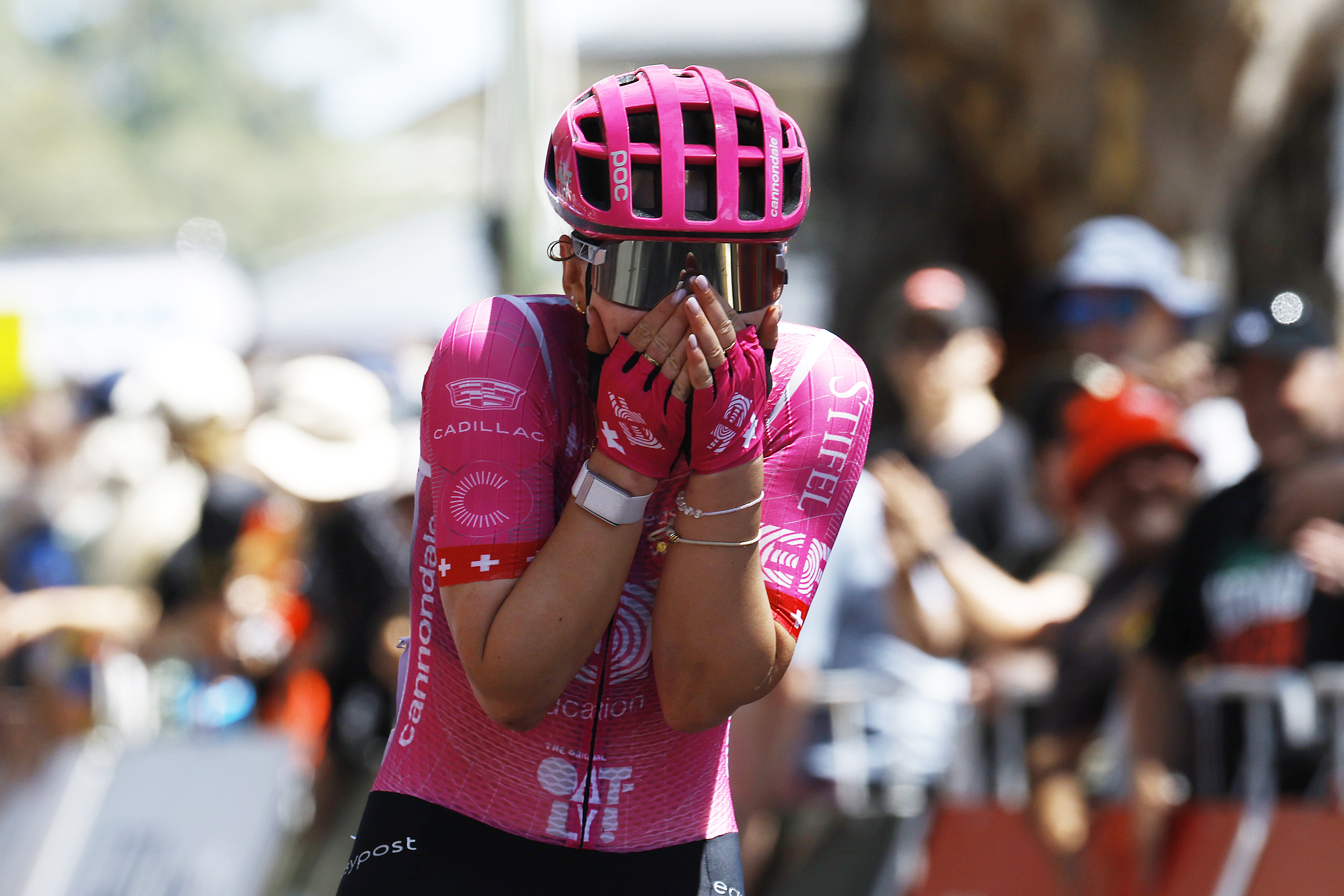 CAMPBELLTOWN, AUSTRALIA - JANUARY 19: Noemi Ruegg of Switzerland and Team EF Education-Oatly celebrates at finish line as stage and overall winner race during the 10th Santos Women&amp;amp;apos;s Tour Down Under 2026, Stage 3 a 126.5km stage from Norwood to Campbelltown / #UCIWWT / on January 19, 2026 in Campbelltown, Australia. (Photo by Con Chronis/Getty Images)