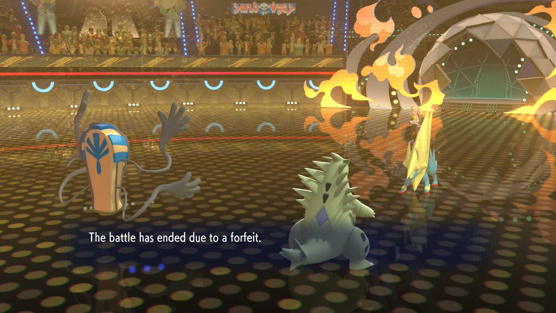 Pokemon Champions screenshot reads: "The battle has ended due to a forfeit."