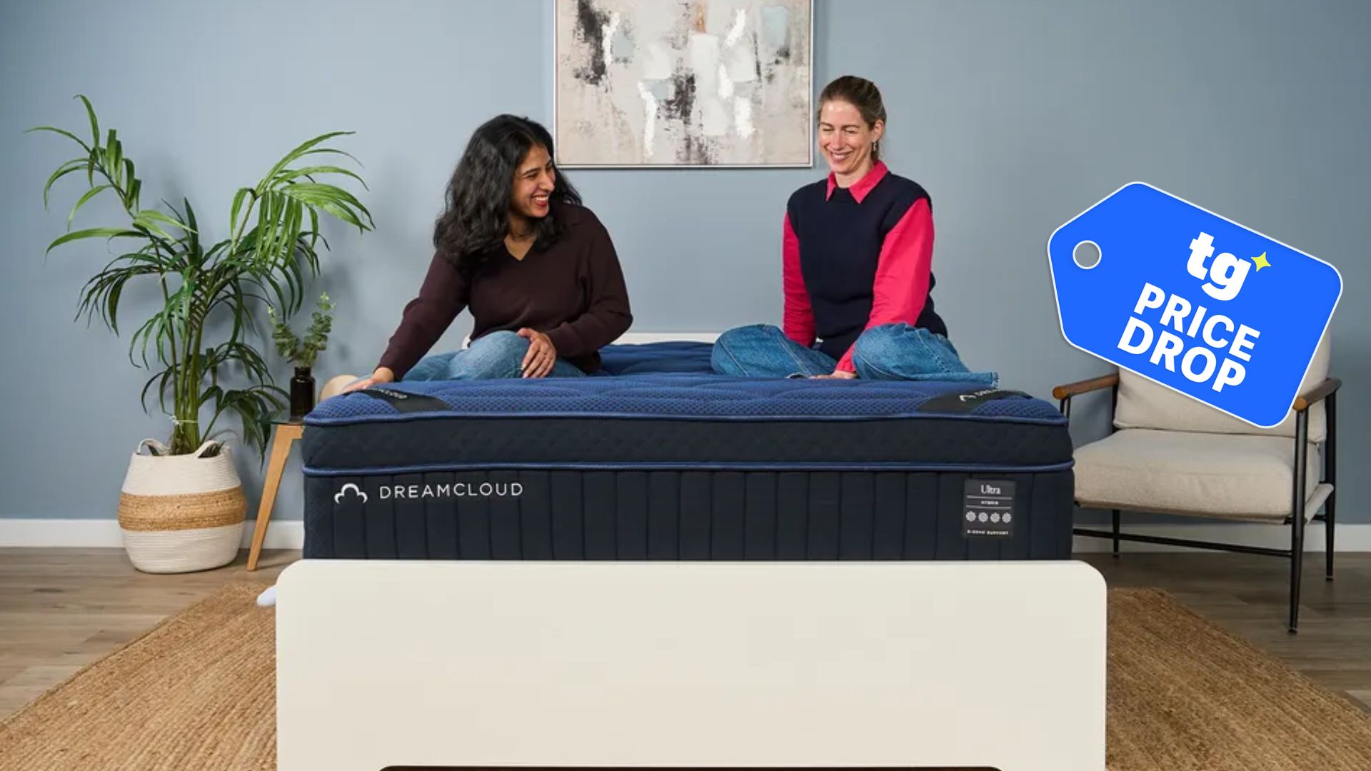 Two women sit on top of a navy blue mattress, which is placed on a white bed frame inside a neutrally decorated bedroom. Inset, a sales ticket reads 'TG price drop'