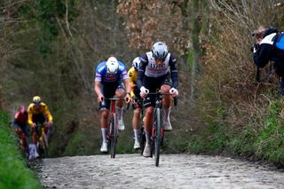 OUDENAARDE BELGIUM APRIL 02 Tadej Pogacar of Slovenia and UAE Team Emirates competes climbing to the Koppenberg during the 107th Ronde van Vlaanderen Tour des Flandres 2023 Mens Elite a 2734km one day race from Brugge to Oudenaarde UCIWT on April 02 2023 in Brugge Belgium Photo by Luca Bettini PoolGetty Images