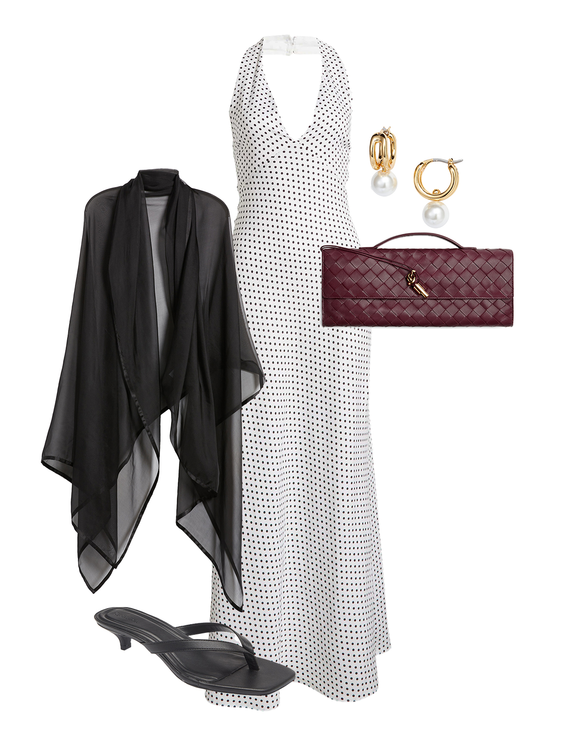 college of white dress, black heels, black shawl, clutch, and pearl earrings