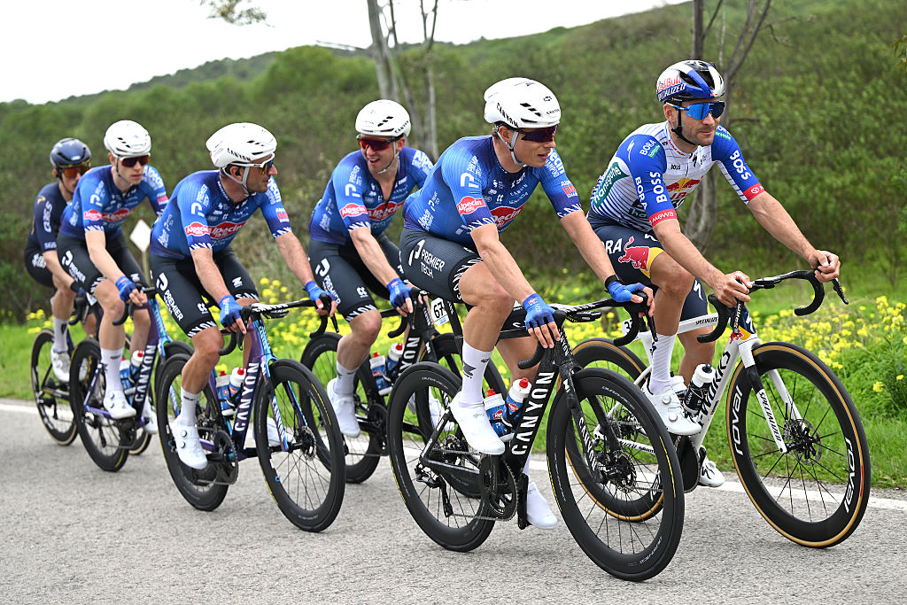 TAVIRA, PORTUGAL - FEBRUARY 18: (L-R) Jasper Philipsen of Belgium and Team Alpecin-Premier Tech and Gianni Vermeersch of Belgium and Team Red Bull - BORA - hansgrohe compete during the 52nd Volta ao Algarve em Bicicleta 2026 - Stage 1 a 183.5km stage from Vila Real de Santo Antonio to Tavira on February 18, 2026 in Tavira, Portugal. (Photo by Dario Belingheri/Getty Images)