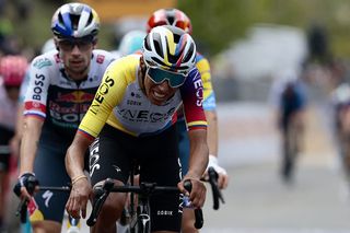 Ineos Grenadiers' Colombian rider Egan Bernal crosses third the finish line of the 7th stage of the 108th Giro d'Italia cycling race 168kms from Castel di Sangro to Tagliacozzo on May 16, 2025. (Photo by Luca Bettini / AFP)