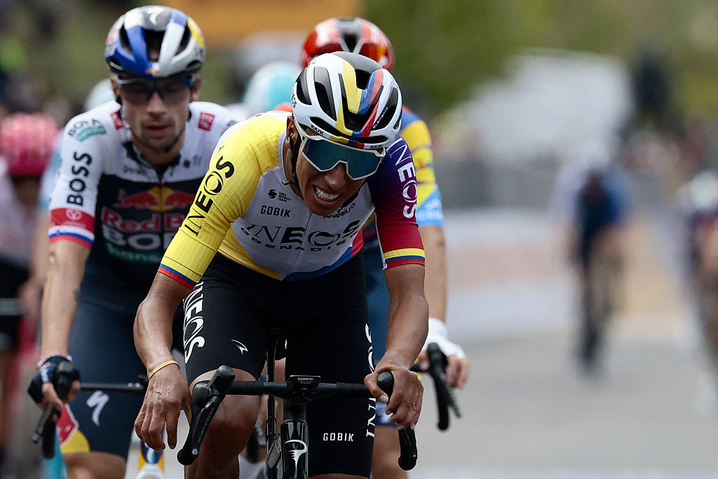 Ineos Grenadiers&#039; Colombian rider Egan Bernal crosses third the finish line of the 7th stage of the 108th Giro d&#039;Italia cycling race 168kms from Castel di Sangro to Tagliacozzo on May 16, 2025. (Photo by Luca Bettini / AFP)