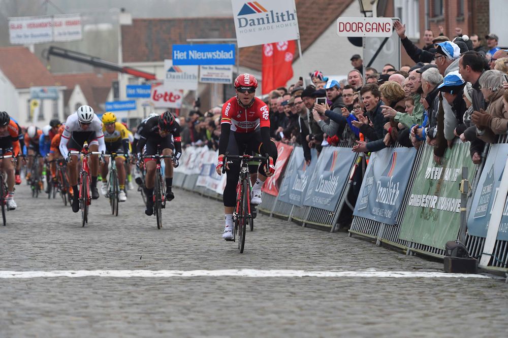 Kris Boeckmans crosses the line to win Nokere Koerse.
