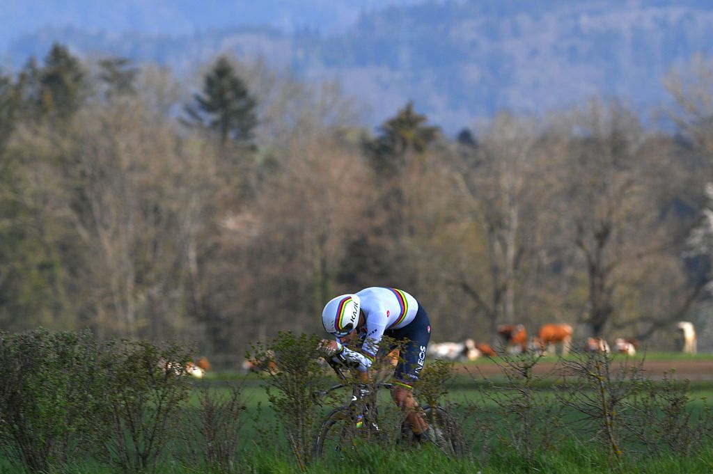 ORON SWITZERLAND APRIL 27 Filippo Ganna of Italy and Team INEOS Grenadiers during the 74th Tour De Romandie 2021 Prologue a 405km Individual Time Trial stage from Oron to Oron 700m ITT TDR2021 TDRnonstop UCIworldtour on April 27 2021 in Oron Switzerland Photo by Luc ClaessenGetty Images