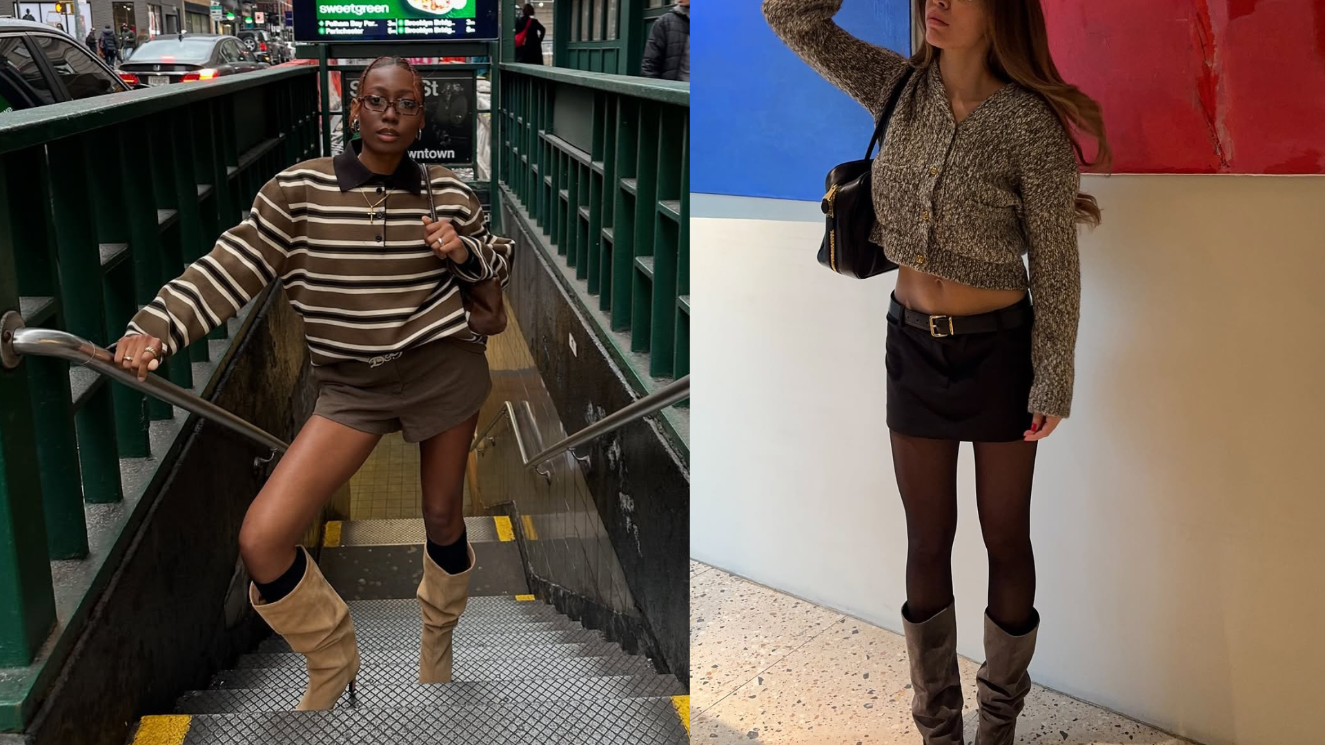 Collage of people wearing slouchy boot outfits in 2025.